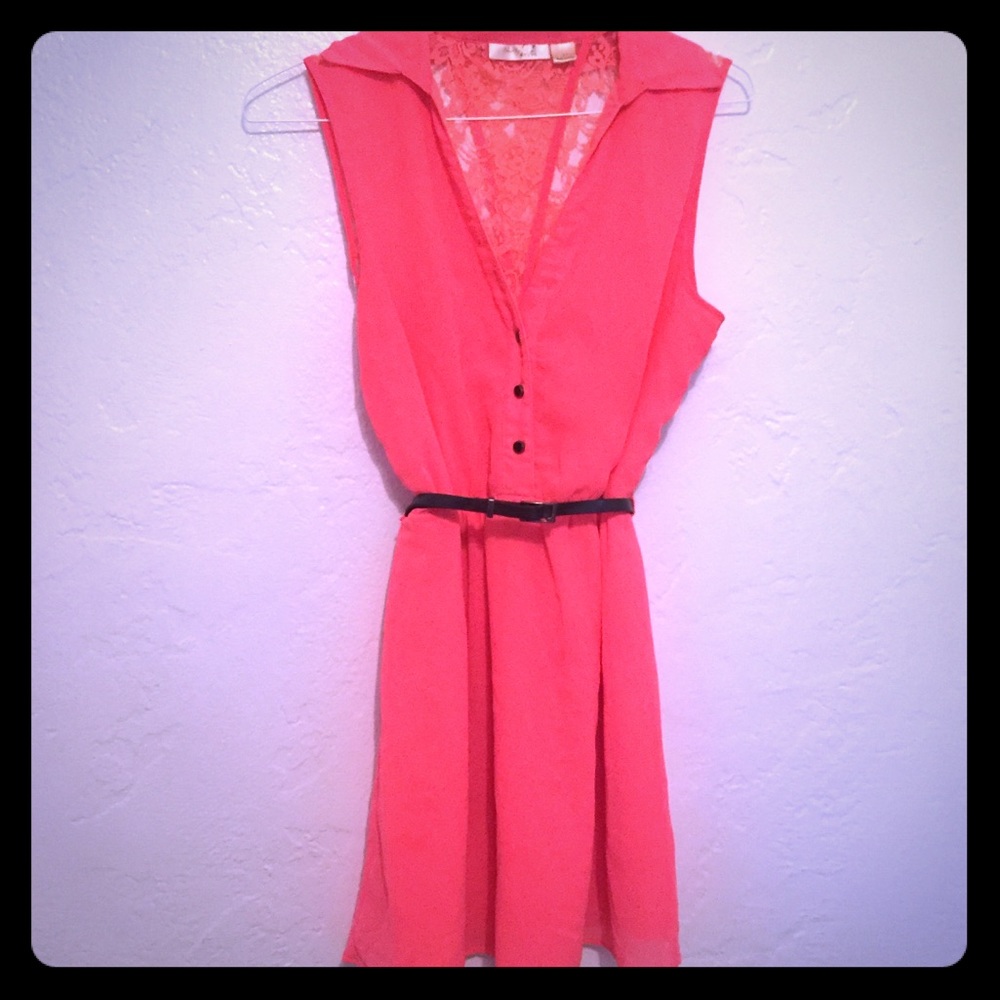 New Glory Neon Pink Lace Back Chiffon Dress - L